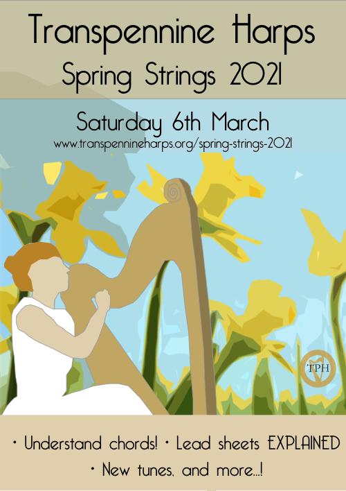 Poster of a harpist against some daffodils