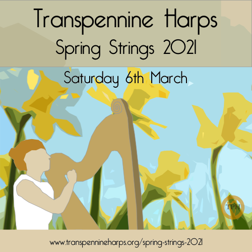 Poster of a harpist against some daffodils